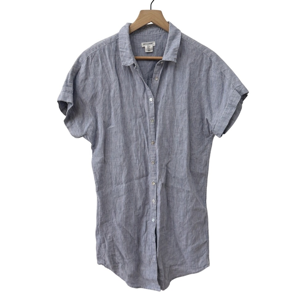 Artisan NY Linen Shirt Dress Medium Blue White Striped Short Sleeve Button Front